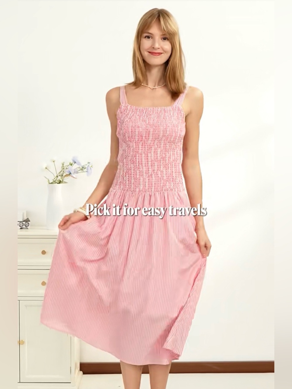 OGL Striped Poplin Square Neck Smocked Midi Bra Dress MED pink/white stripe new